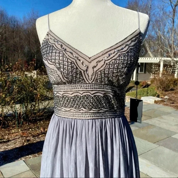 NWT Anthropologie BHLDN Adrianna Papell Aida Maxi Dress in Silver Gray Beaded - Picture 7 of 12